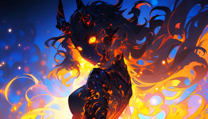 电脑壁纸 魔物娘，头上两支角，火属性魔女AI美图 电脑桌面 高清壁纸 壁纸下载