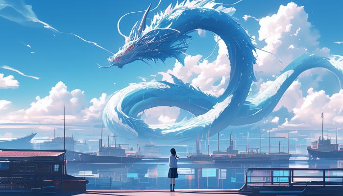 电脑壁纸 龙与少女，飞翔在港口天空之上的白色巨龙唯美动漫 高清壁纸 壁纸下载