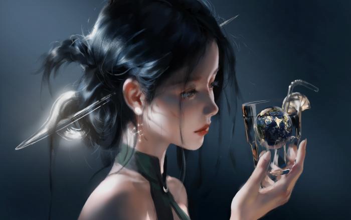 电脑壁纸 wlop美女插画，手上拿着玻璃杯的气质动漫发簪美女 高清壁纸 壁纸下载