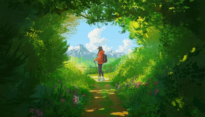 电脑壁纸 动漫 女性 户外 插图绘画 风景 阳光 云朵 山脉 绿色树叶植物 小径 4K高清壁纸 电脑桌面 高清壁纸 壁纸下载-蚂蚁资源网
