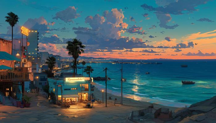 电脑壁纸 动漫 风景 云彩 夜晚 夜景 天空 建筑 房屋 晚霞 棕榈树 海岸线 海边 海面 灯光 码头 船只 街道 风景 黄昏 电脑桌面 高清壁纸 壁纸下载-蚂蚁资源网