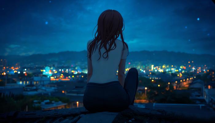 电脑壁纸 动漫 夜晚小镇灯光 女孩坐着背影 望着远处 4K动漫壁纸 电脑桌面 高清壁纸 壁纸下载-蚂蚁资源网