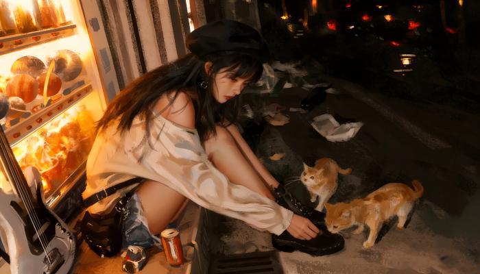 电脑壁纸 动漫 晚上 少女 帽子 流浪猫 4K动漫壁纸 电脑桌面 高清壁纸 壁纸下载-蚂蚁资源网