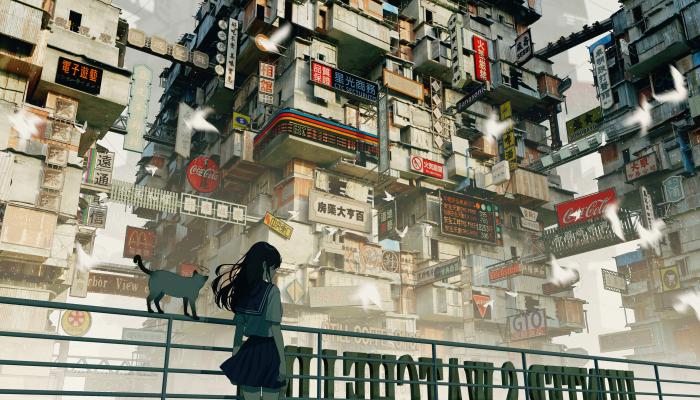 电脑壁纸 动漫 长发的女学生站立 栏杆 猫 旧城市建筑 招牌 4K动漫壁纸 电脑桌面 高清壁纸 壁纸下载-蚂蚁资源网